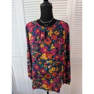 Talbots Tops Women's M Blue Pink Mustard Floral Keyhole Flouncy Blouse Cottage